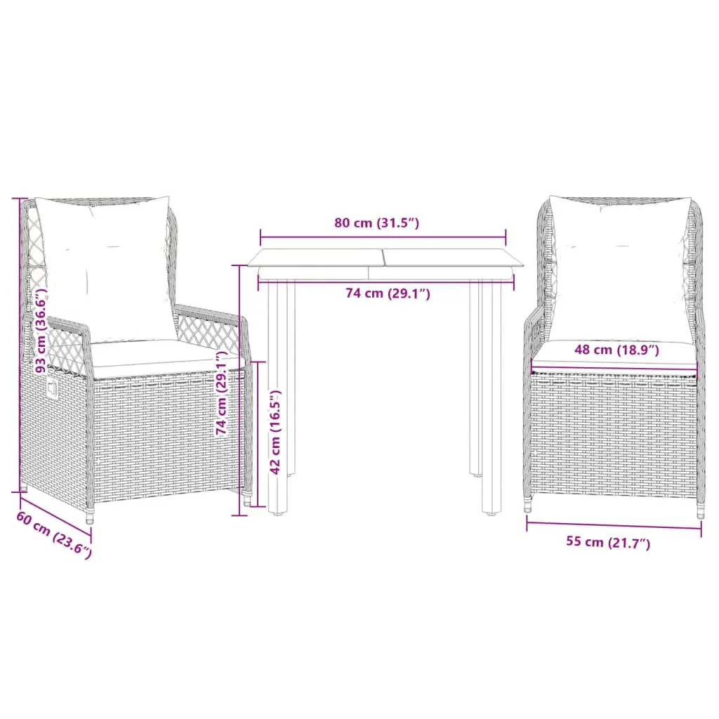 Garden Dining Set 3 Piece Outdoor Furniture Poly Rattan Chairs Table Patio