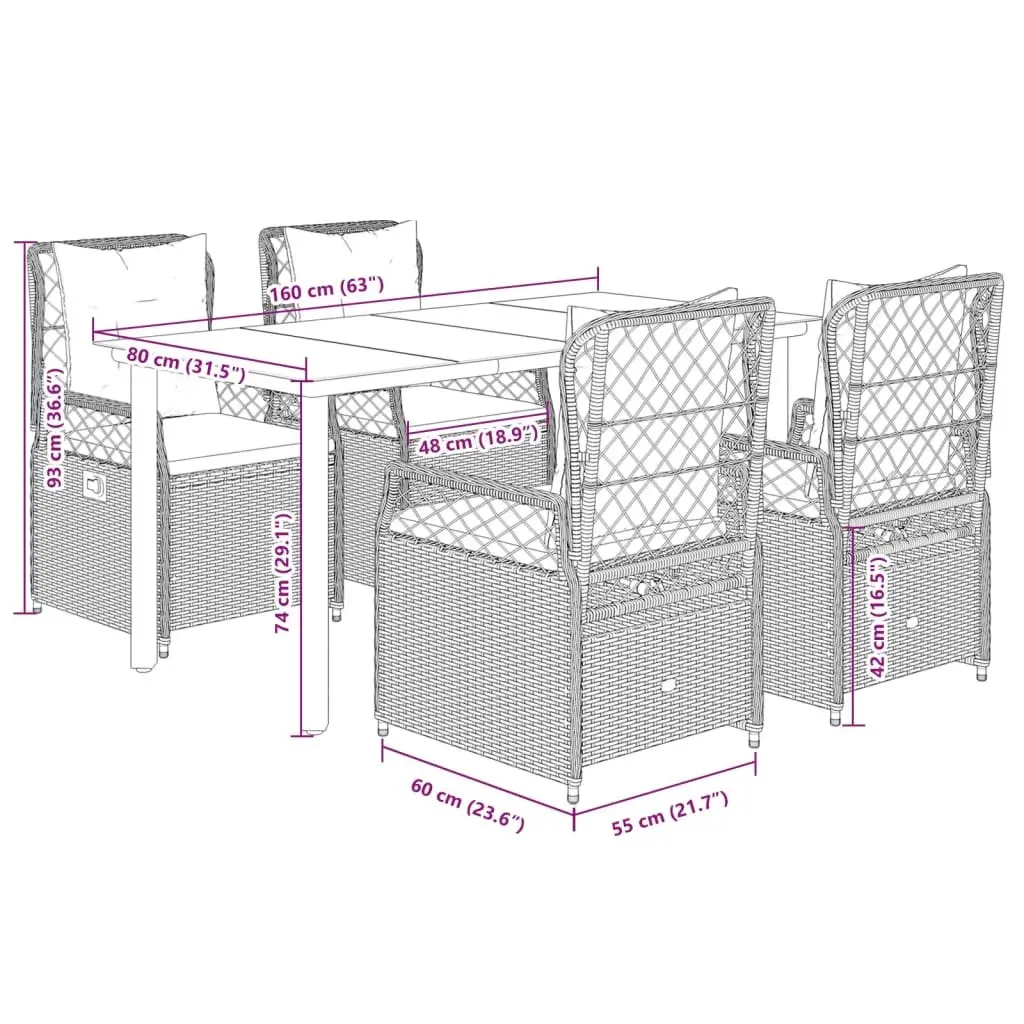 Garden Dining Set Outdoor Furniture 5 Piece Grey Poly Rattan Cushions Glass