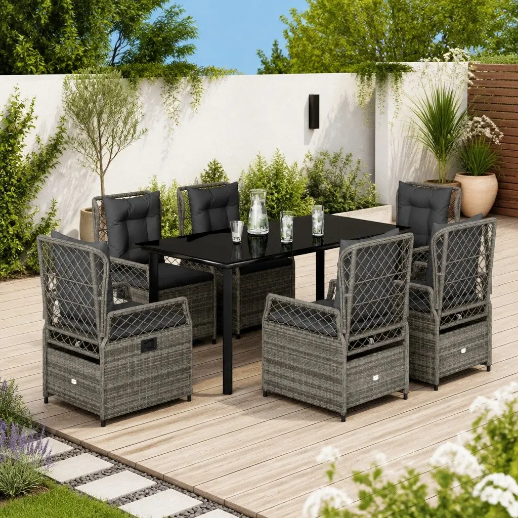 Outdoor Dining Set 7 Piece Grey Poly Rattan Cushions Garden Patio Furniture
