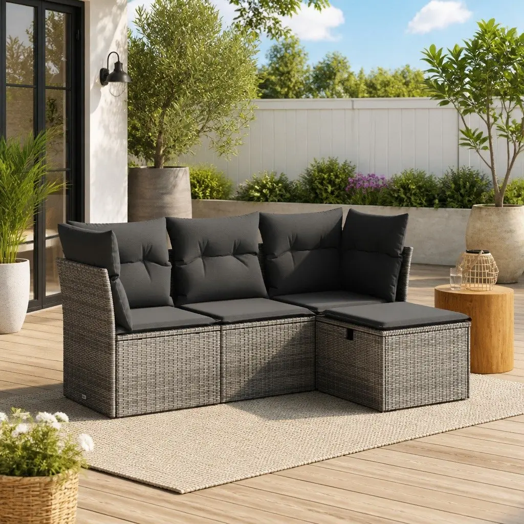 Grey Poly Rattan 4 Piece Garden Sofa Set Outdoor Furniture Patio