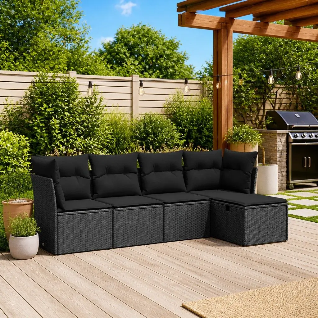 5 Piece Outdoor Garden Sofa Set for Patio Black Poly Rattan with Cushions