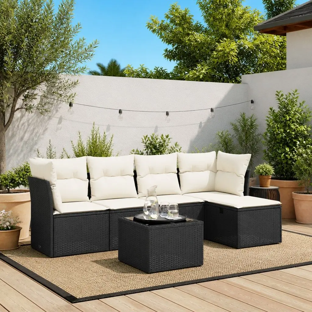 Garden Sofa Set 6 Piece Outdoor Furniture Black Poly Rattan with Glass Table