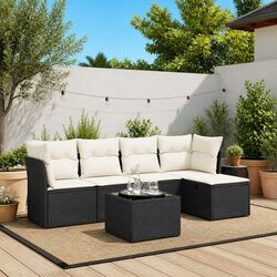Garden Sofa Set 6 Piece Outdoor Furniture Black Poly Rattan with Glass Table