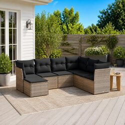 7 Piece Garden Sofa Set Outdoor Patio Furniture Grey Poly Rattan with Cushions