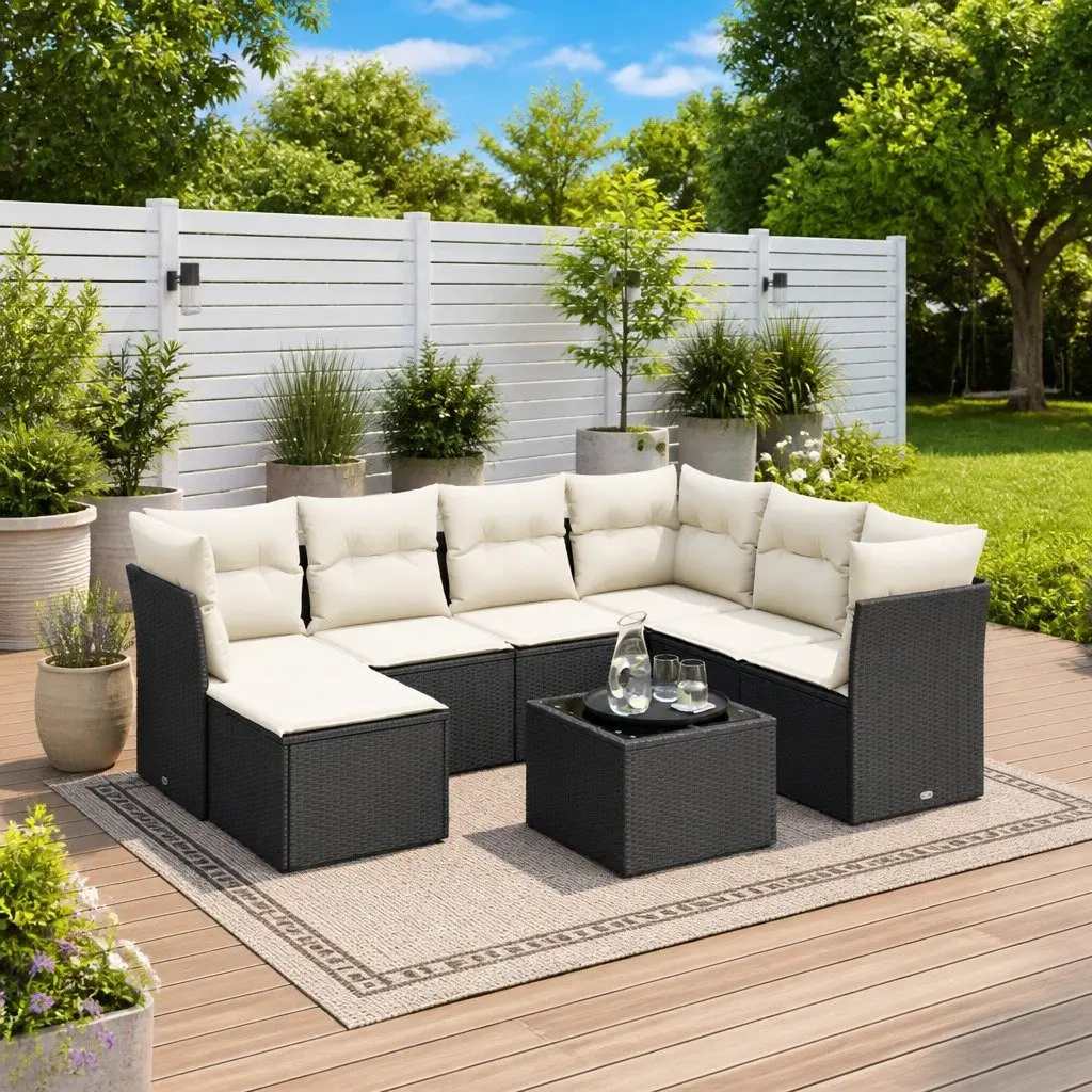 Garden Sofa Set 8 Piece Outdoor Furniture Black Poly Rattan with Cushions Patio