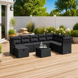 Garden Sofa Set 9 Piece Outdoor Patio Furniture with Cushions Black Poly Rattan