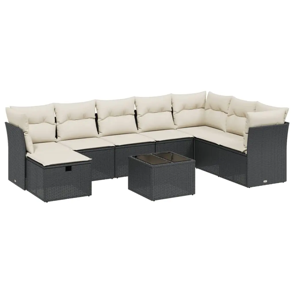 Garden Sofa Set 9 Piece Outdoor Furniture with Cushions Black Poly Rattan Patio