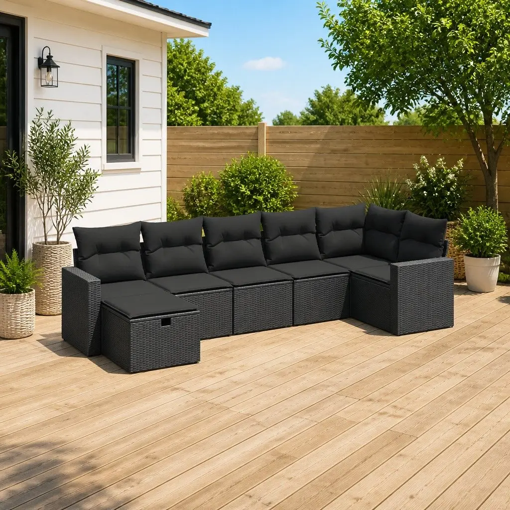 7 Piece Modular Black Garden Sofa Set with Cushions