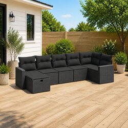 7 Piece Modular Black Garden Sofa Set with Cushions