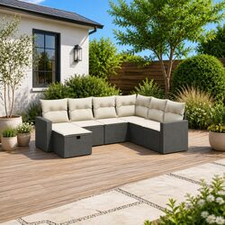 7-Piece Modular Garden Sofa Set with Cushions - Black