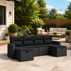 Garden Sofa Set 6 Piece Outdoor Furniture Black Rattan Cushions Modular Patio