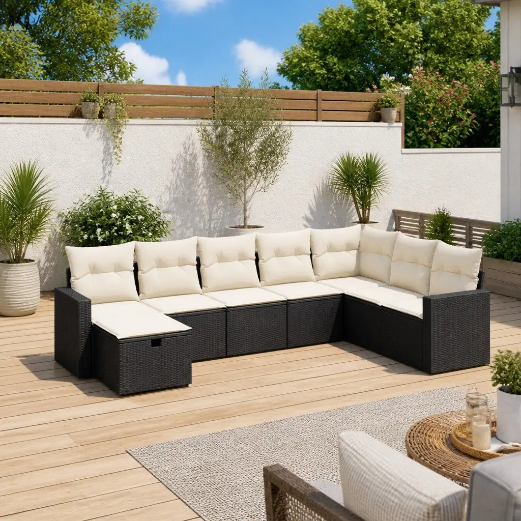 8 Piece Outdoor Garden Sofa Set for Patio Black Poly Rattan with Cushions