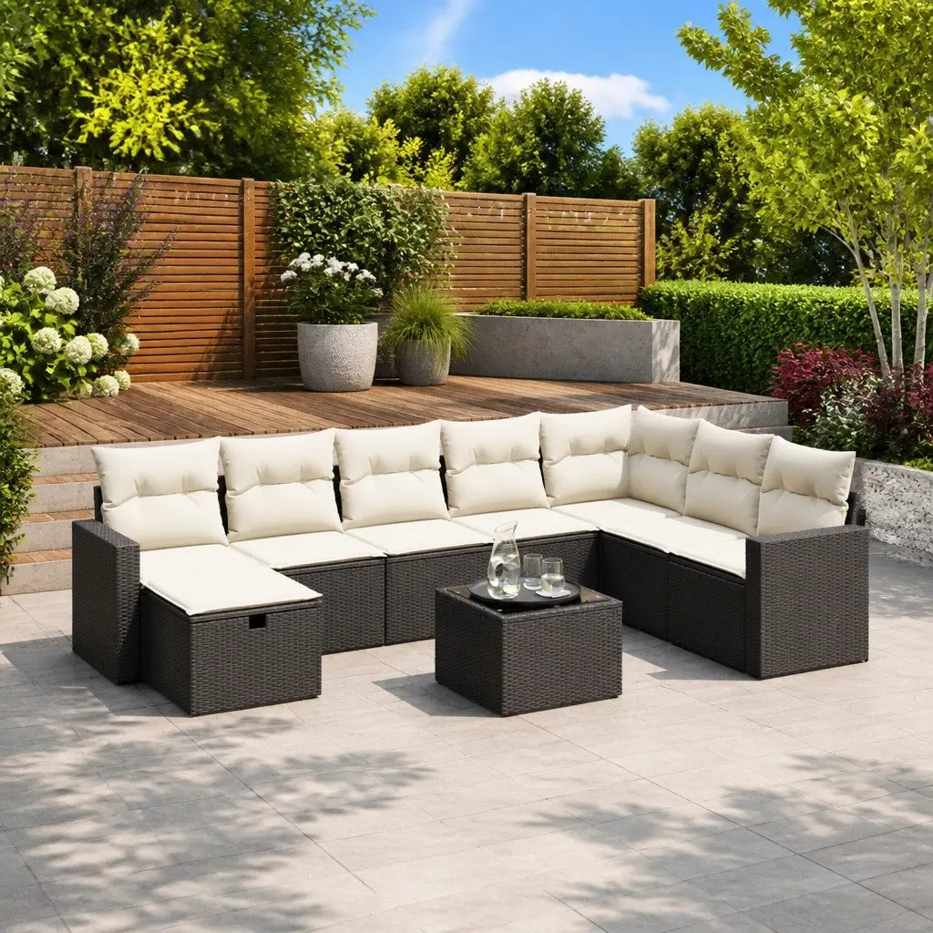 9 Piece Outdoor Garden Sofa Set for Patio Black Poly Rattan with Cushions