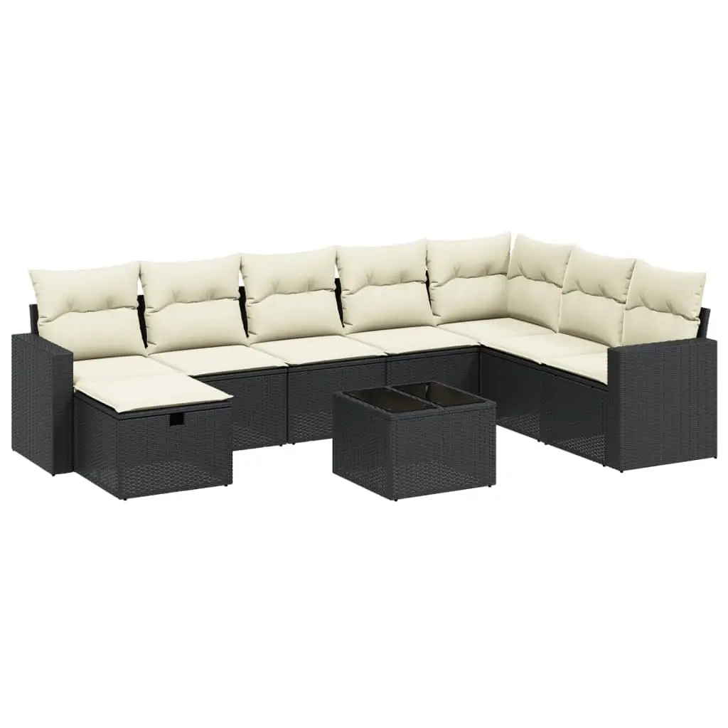 9 Piece Outdoor Garden Sofa Set for Patio Black Poly Rattan with Cushions