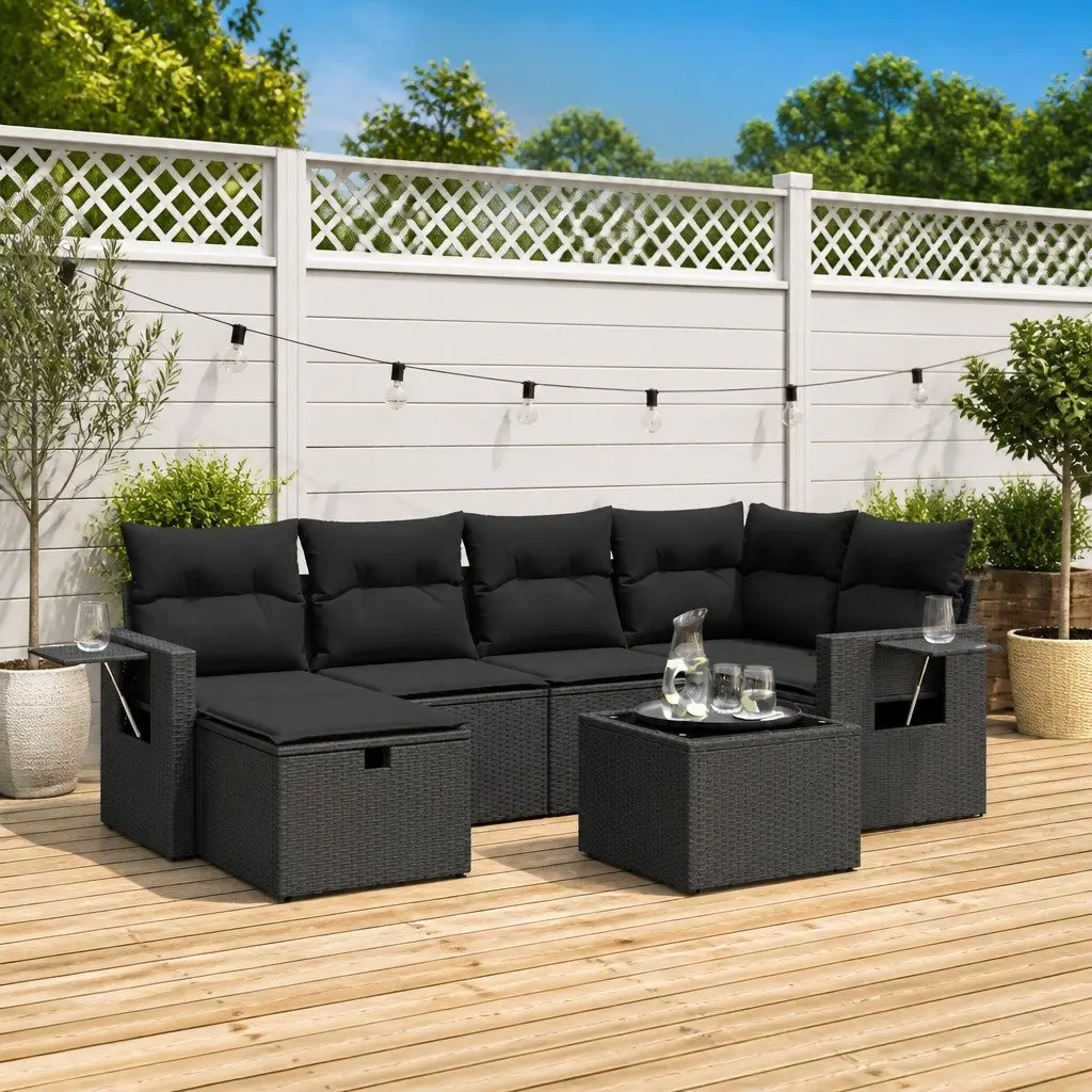 Garden Sofa Set Outdoor Use 7 Piece Black Poly Rattan Patio Sectional