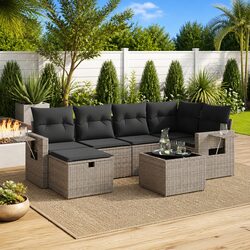 7 Piece Garden Sofa Set: Grey PE Rattan with Steel Frame