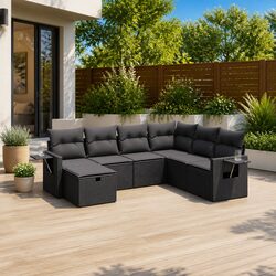 7 Piece Garden Sofa Set - Black PE Rattan & Steel Frame