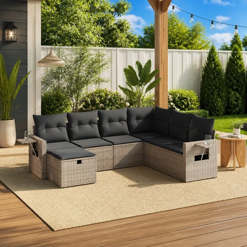 7 Piece Grey Outdoor Sofa Set with Removable Cushions