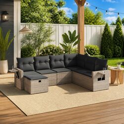 7 Piece Grey Outdoor Sofa Set with Removable Cushions