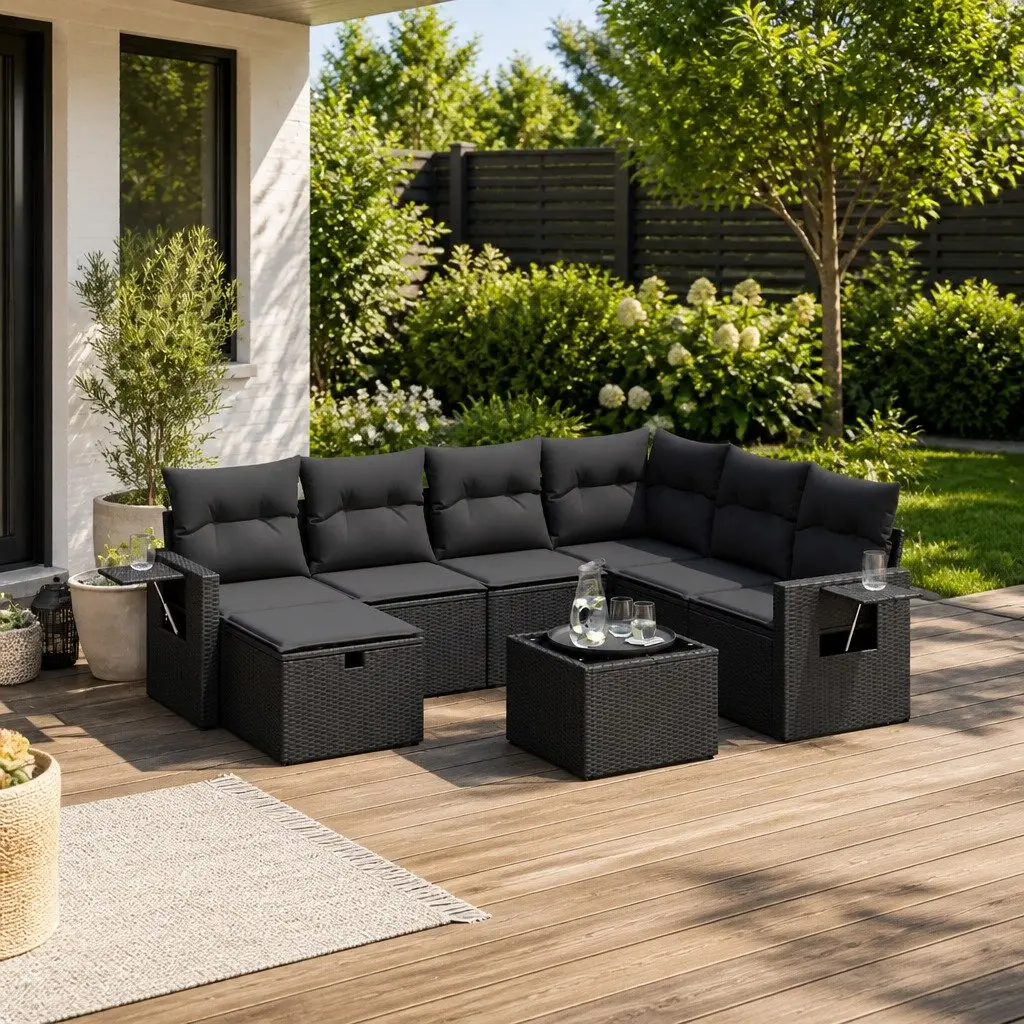 Garden Sofa Set 8 Piece Outdoor Furniture Patio Black Poly Rattan with Cushions