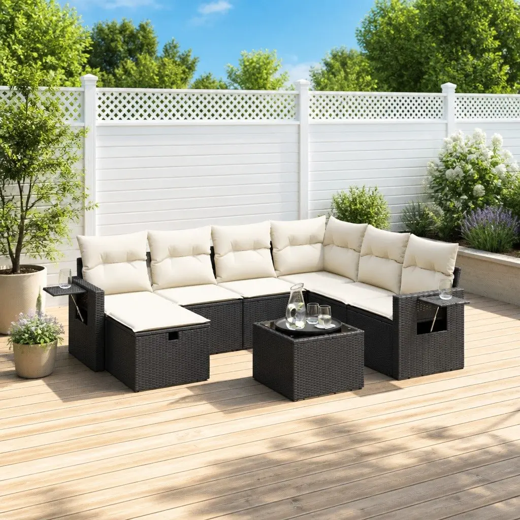 Garden Sofa Set 8 Piece Outdoor Furniture Patio Black Poly Rattan with Cushions