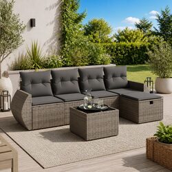 6 Piece Garden Sofa Set: Grey Rattan and Steel Construction
