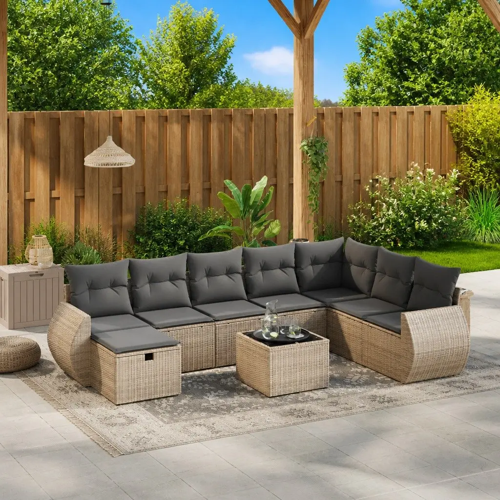 9-Piece Grey Poly Rattan Garden Sofa Set