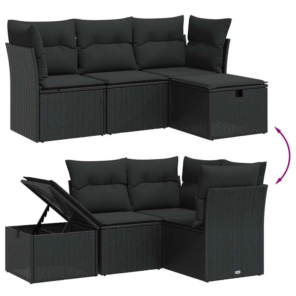 4 Piece Outdoor Garden Sofa Set Black Poly Rattan Cushions Patio Furniture