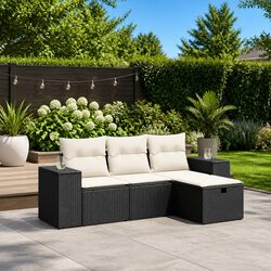 4-Piece Garden Sofa Set Outdoor Patio Furniture Black Poly Rattan with Cushions