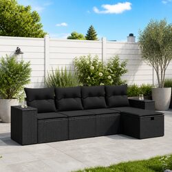 5 Piece Garden Sofa Set with Cushions Outdoor Patio Furniture Black Poly Rattan