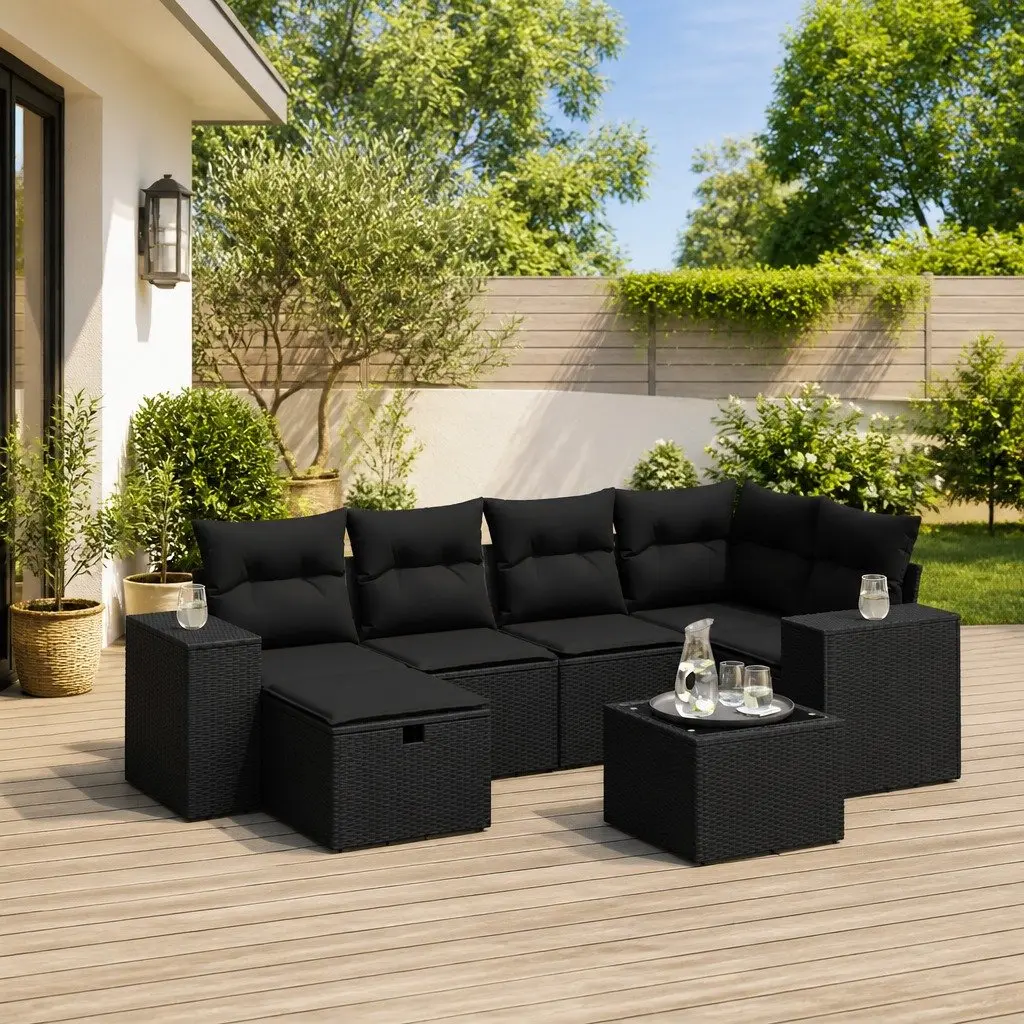 Garden Sofa Set Outdoor Patio Furniture 7 Piece Black Poly Rattan with Cushions