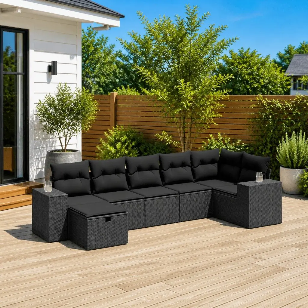7 Piece Modular Sofa Set Patio Furniture Black PE Rattan with Cushions Outdoor Living