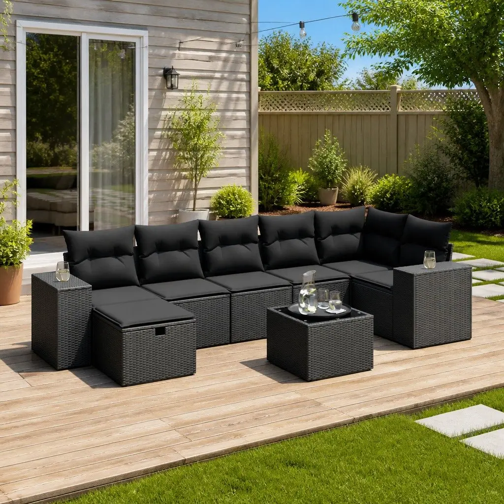 Outdoor Furniture Set 8 Piece Modular Black PE Rattan Patio Sofa
