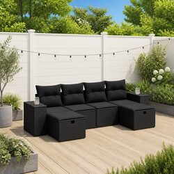 6 Piece Black Garden Sofa Set with PE Rattan and Cushions