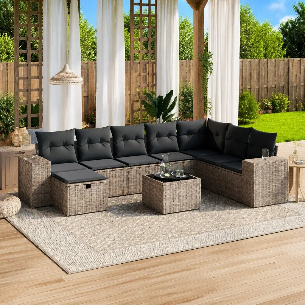 9 Piece Garden Sofa Set Outdoor Patio Furniture Grey Poly Rattan with Cushions