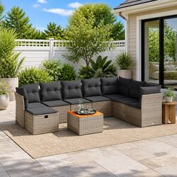 9-Piece Outdoor Sofa Set with PE Rattan and Acacia Top