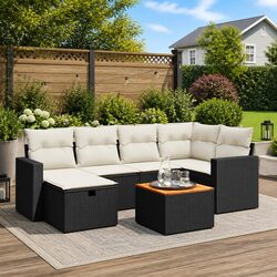 7 Piece Black Poly Rattan Sofa Set with Acacia Tabletop