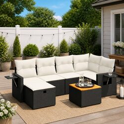 Modular Black Garden Sofa Set - 7 Pieces with Acacia Table