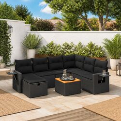 8 Piece Outdoor Garden Sofa Set with Cushions Black Poly Rattan Patio Furniture
