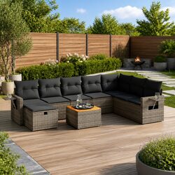 Garden Sofa Set 9 Pieces - Grey, PE Rattan & Acacia Wood