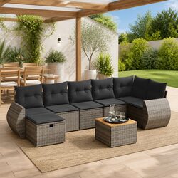 8-Piece Garden Sofa Set - Grey Poly Rattan, Acacia Top