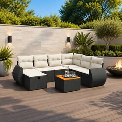 8 Piece Outdoor Garden Sofa Set Black Poly Rattan Patio Furniture with Cushions