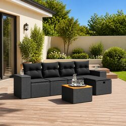 6-Piece Outdoor Sofa Set: Black Poly Rattan & Acacia Wood