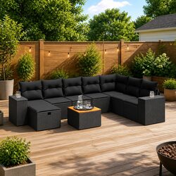 Detailed Specs of 9 Piece Black Rattan Garden Sofa Set