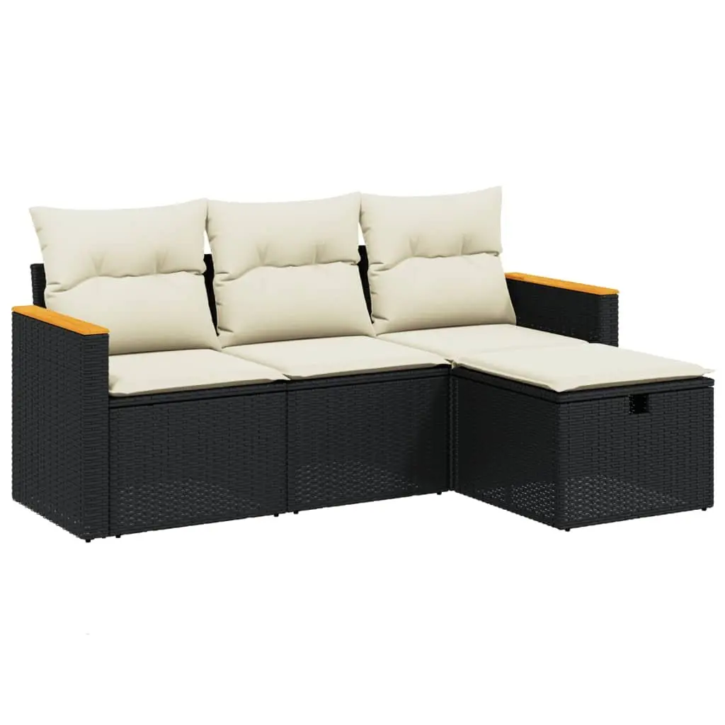 4 Piece Rattan Garden Sofa Set for Outdoor Patio with Black Cushions