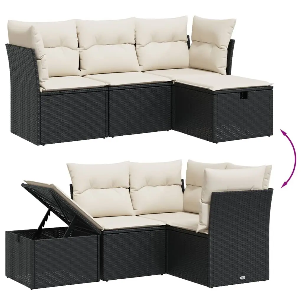 4 Piece Rattan Garden Sofa Set for Outdoor Patio with Black Cushions