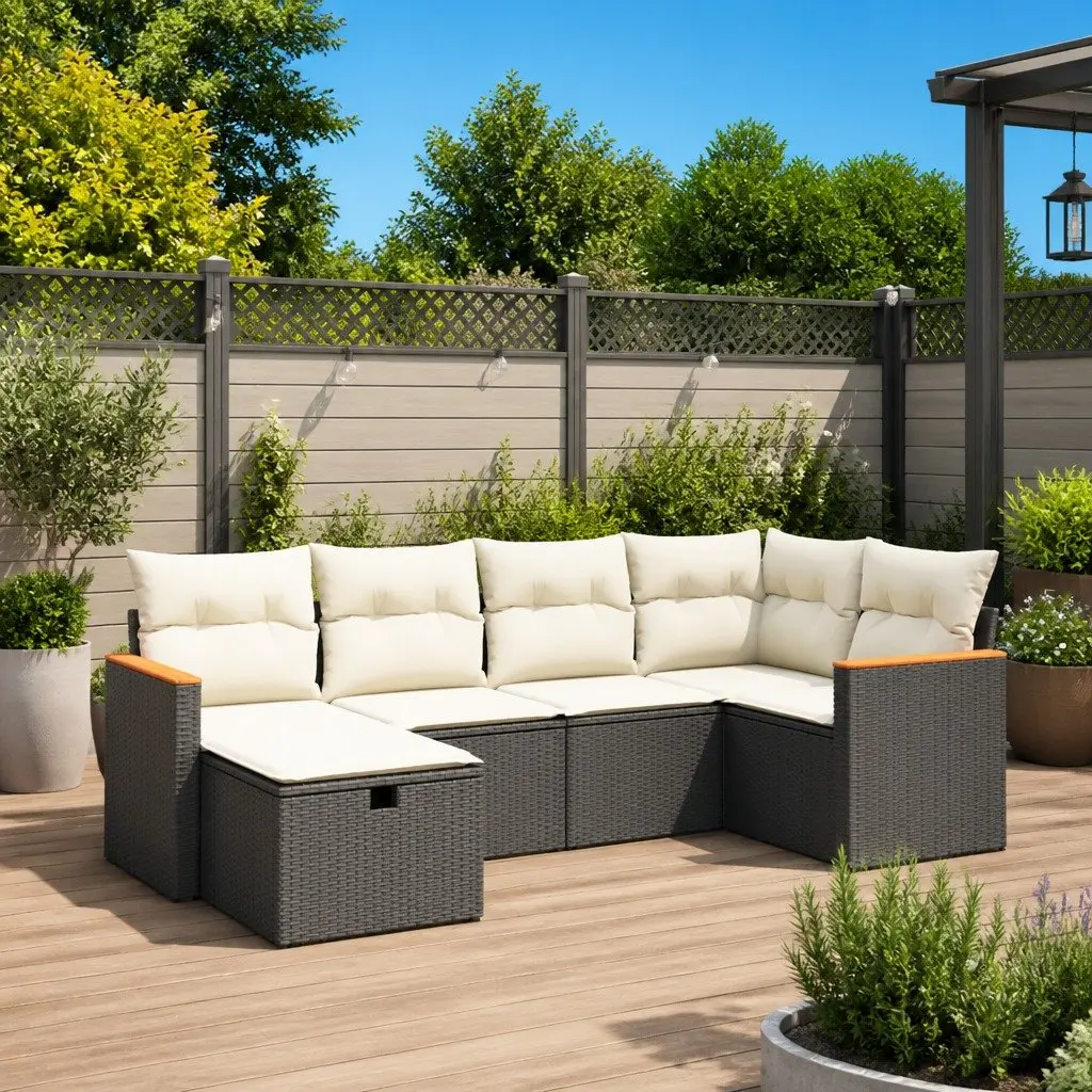 Garden Sofa Set Outdoor Furniture 6 Piece Black Poly Rattan