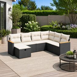 7 Piece Modular Black Garden Sofa Set with Cushions