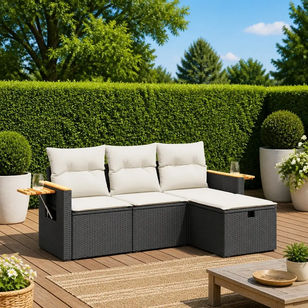 4 Piece Outdoor Garden Sofa Set Black Poly Rattan Patio Furniture