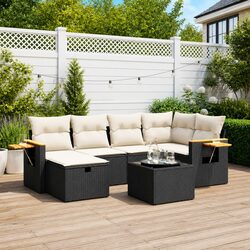 7 Piece Outdoor Garden Sofa Set Black Poly Rattan Patio Furniture with Cushions
